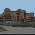Red Brick School Building With White Accents Arched Entrance Front Steps And Plaza Area