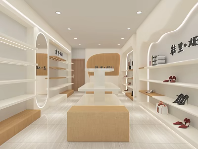Modern Shoe Store Interior With Curved Wall White Shelves Display Tables And Shoes 3d model