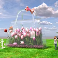 Transparent Bag Shaped Installation Filled With Pink Tulips On Green Grass For Spring Blossom Theme