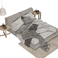 Modern Grey Double Bed With Nightstand Soft Rug And Pendant Light 3d model