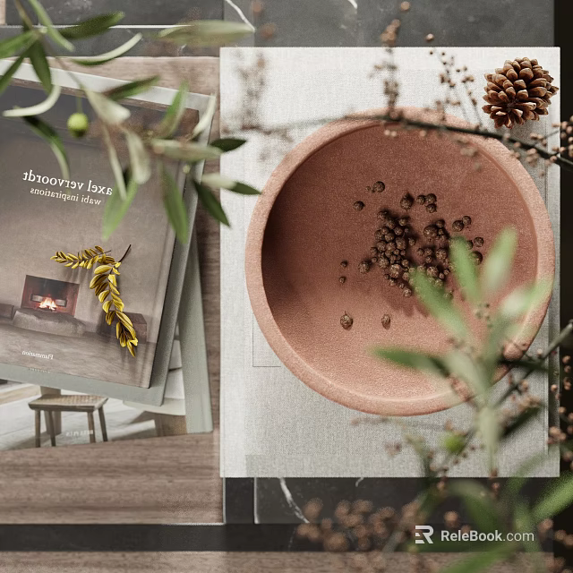 Elegant Decorative Ornament Set With Pink Bowl Olive Branches Pine Cones And Magazine 3d model 