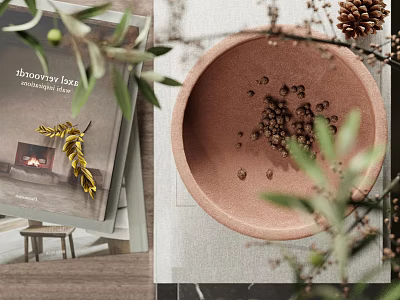 Elegant Decorative Ornament Set With Pink Bowl Olive Branches Pine Cones And Magazine 3d model