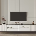 Modern TV Stand with Patterned Cabinet Doors Mounted TV and Decorative Items Against Striped Wall