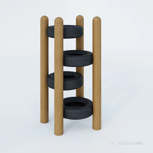 Outdoor Playground Equipment With Wooden Posts And Stacked Tires For Kids Climbing 3d model 