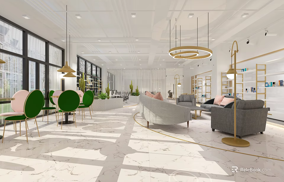 Modern Lounge Area Interior Design With Green Chairs Grey Sofa Hanging Lamps And Marble Floor 3d model 