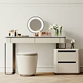 Minimalist Dressing Table With Round Mirror White Flowers Cosmetics Stool And Side Cabinet 3d model