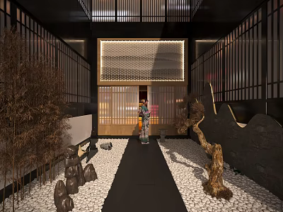 Traditional Japanese Garden Landscape With Bamboo Plants Stone Arrangements And Serene Pathway 3d model