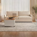 White Coffee Table With Wooden Top Wheels Shelf Fruit Bowl Cup And Beige Sofa
