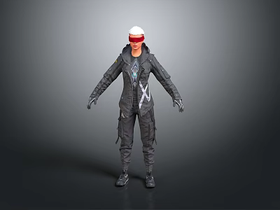 Tactical Character In Black Uniform With White Hat And Red Goggles 3d model