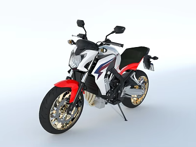 Stylish Modern Sport Motorcycle With White Red Blue Body Black Seat And Golden Wheels 3d model