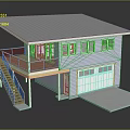 Cartoon Style House Scene With Blue Exterior Gray Roof Yellow Railing Balcony Garage And Staircase