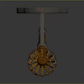 Ornate Wooden Torch Decoration With Flame Shaped Top And Metal Accents