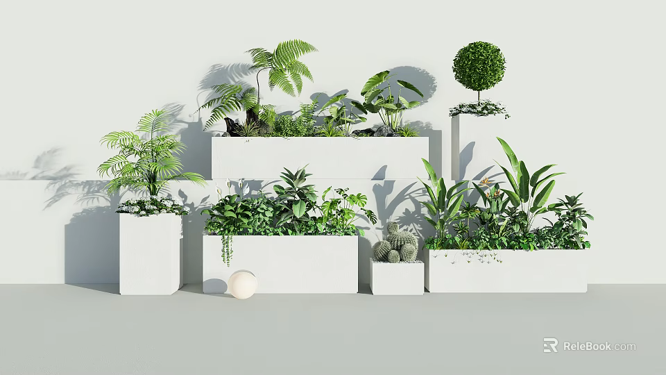 Stylish Bonsai and Potted Plants Arrangement With White Planters and Lush Green Foliage 3d model 