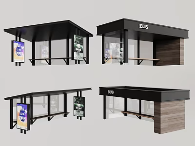 Modern Bus Stop Shelter Design With Glass Panels Wooden Benches And Billboards 3d model