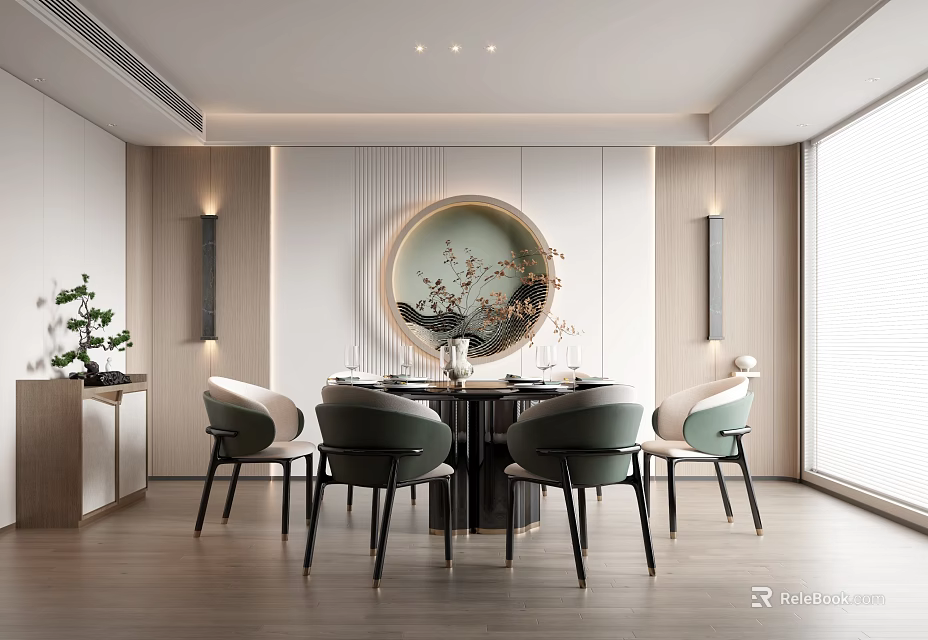 Elegant Restaurant Interior With Round Dining Table Green Chairs Circular Art And Wooden Flooring 3d model 