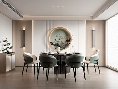 Elegant Restaurant Interior With Round Dining Table Green Chairs Circular Art And Wooden Flooring 3d model