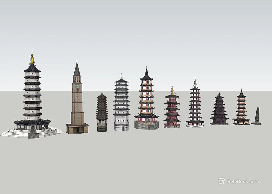 Various Architectural Towers With Traditional Eastern and Western Design Elements 3d model 