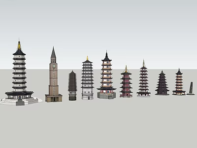 Various Architectural Towers With Traditional Eastern and Western Design Elements 3d model