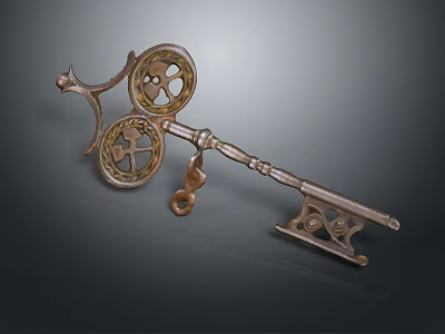 Vintage Bronze Key Shaped Sculpture With Decorative Gears And Intricate Details 3d model