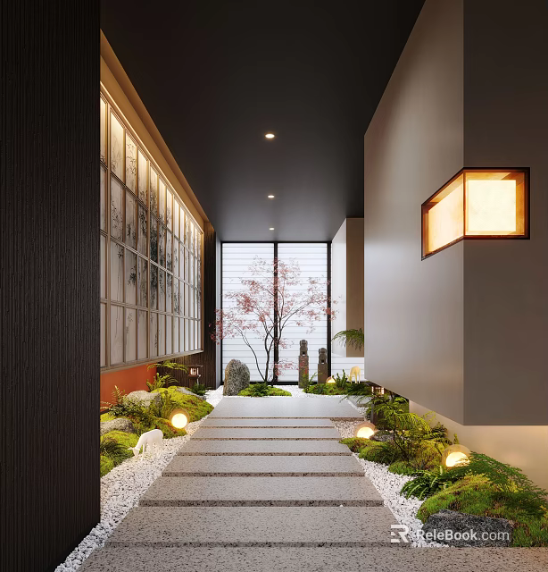 Serene Japanese Style Hotel Corridor With Stone Path Green Plants And Warm Lighting 3d model 