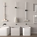 Wall Mounted Cleaning Tools With White Basins And Towel Rack In Bathroom