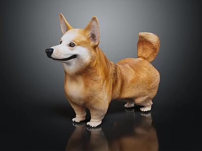 Adorable Corgi Statue With Fluffy Tail Perky Ears And Smiling Expression On Dark Reflective Background 3d model