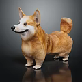 Adorable Corgi Statue With Fluffy Tail Perky Ears And Smiling Expression On Dark Reflective Background