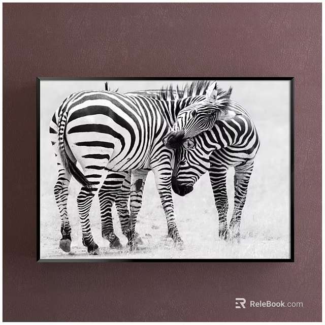 Framed Animal Painting Featuring Two Snuggling Zebras In Black And White Natural Setting 3d model 