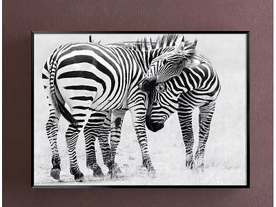 Framed Animal Painting Featuring Two Snuggling Zebras In Black And White Natural Setting 3d model