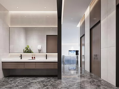 Modern Hotel Bathroom Interior With Marble Countertop Large Mirror And Potted Plant 3d model