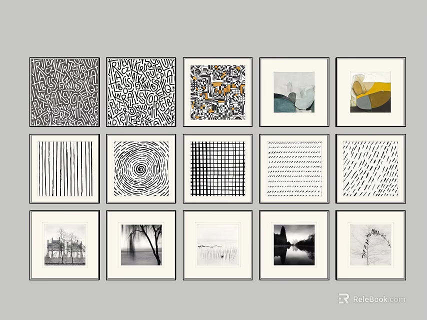 Assorted Framed Wall Art With Abstract And Concrete Patterns Arranged In Grid 3d model 