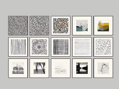 Assorted Framed Wall Art With Abstract And Concrete Patterns Arranged In Grid 3d model