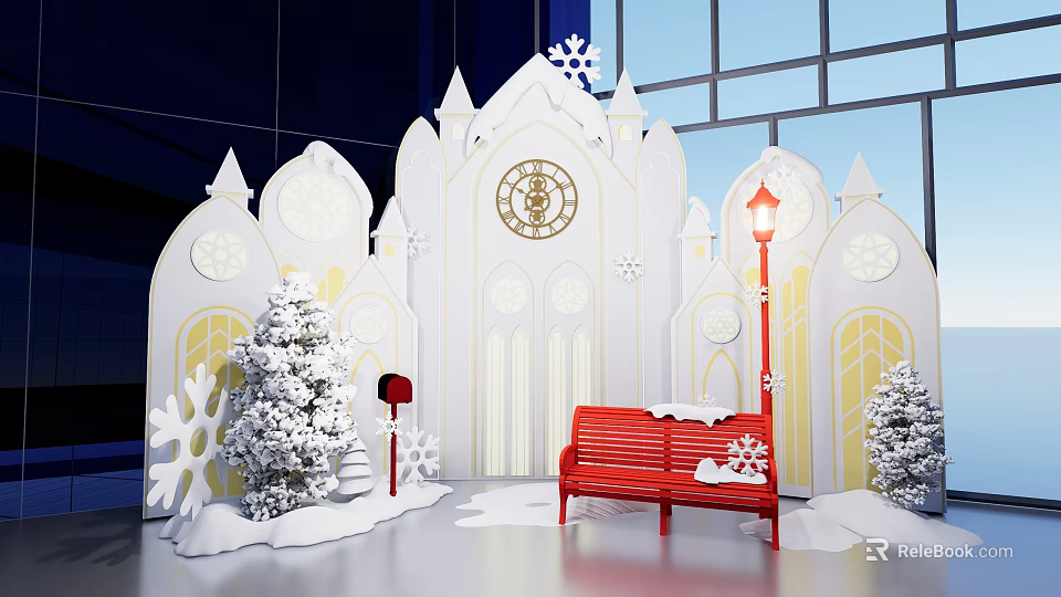 Christmas Photo Spot With Castle Shaped Decoration Snowflakes Red Bench And Street Lamp 3d model 