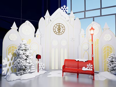 Christmas Photo Spot With Castle Shaped Decoration Snowflakes Red Bench And Street Lamp 3d model