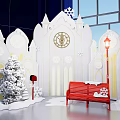 Christmas Photo Spot With Castle Shaped Decoration Snowflakes Red Bench And Street Lamp