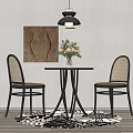 Modern Middle Ancient Rattan Casual Table and Chair Combination Rattan Dining Chair Round Table Chandelier Carpet Floriculture 3d model