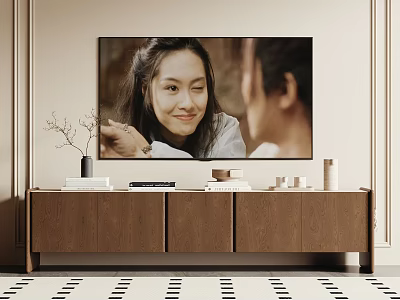 Modern Brown Wooden TV Stand with TV Vase Books Small Boxes and Decorative Items 3d model
