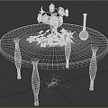 Round Wooden Dining Table Set with Gold Patterns Blue Vase Pink Flowers and Scattered Petals