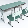 Green Top School Desk With Two Drawers And Matching Chairs 3d model