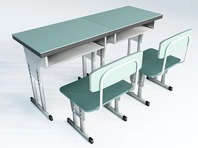 Green Top School Desk With Two Drawers And Matching Chairs 3d model
