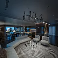Modern Luxury Dining Living Room With Large Windows City View Black Bar And Metal Stools