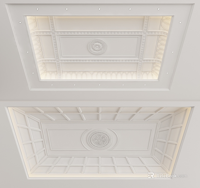 White Ceiling Design With Decorative Moldings Central Medallion And Recessed Lighting 3d model 