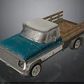 Vintage Blue And White Truck Model With Wooden Bed And Weathered Texture
