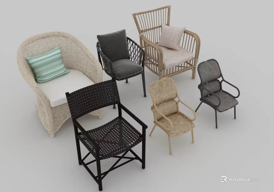 Accent Chairs With Various Designs Rattan Metal Frames And Comfortable Cushions 3d model 