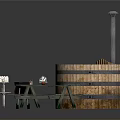 Outdoor Wooden Barrel Hot Tub With Picnic Table Grill And Small Tables