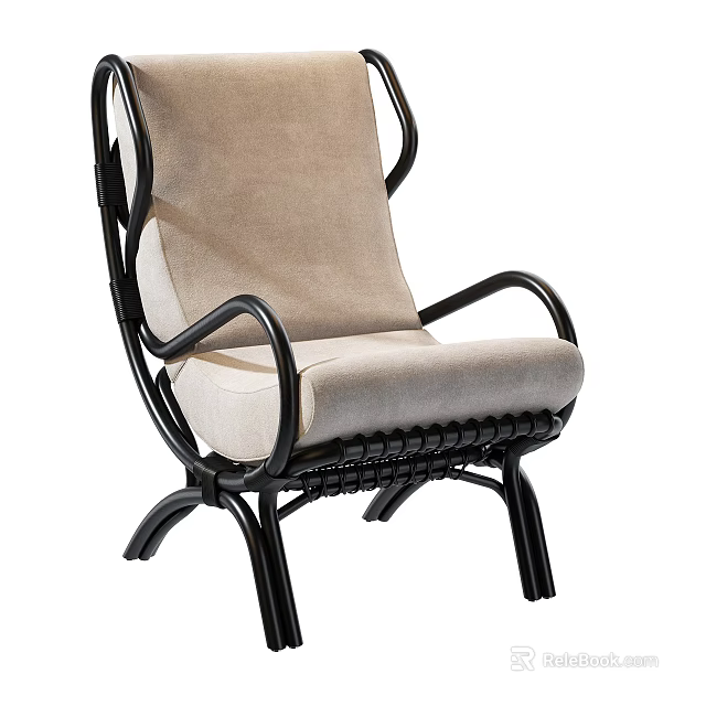 Elegant Leisure Chair Featuring Black Metal Frame And Beige Fabric Cushion With Curved Armrests 3d model 