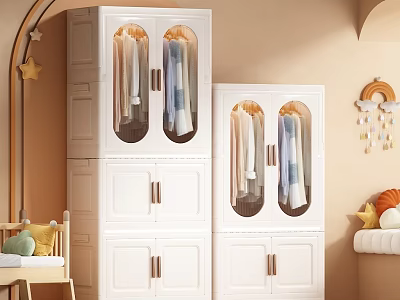 White Wardrobes In Kids Room With Glass Doors And Hanging Clothes Star Decorations 3d model