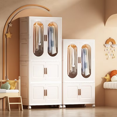 White Wardrobes In Kids Room With Glass Doors And Hanging Clothes Star Decorations 3d model