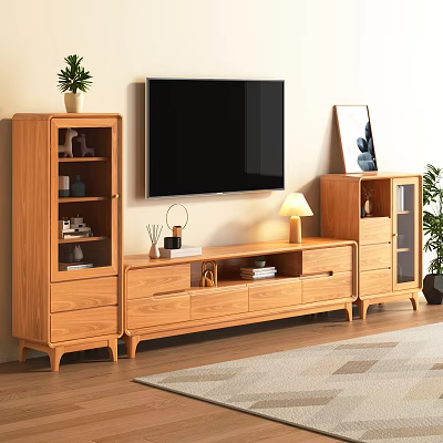 Modern Wooden TV Stand Set With Drawers Shelves And Living Room Decor 3d model