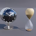 Silver Base Round Clock Blue Dial White Hands Dots And Glass Hourglass Light Yellow Sand
